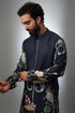 Navy Printed Linen Bomber Kurta With Jogger Pant
